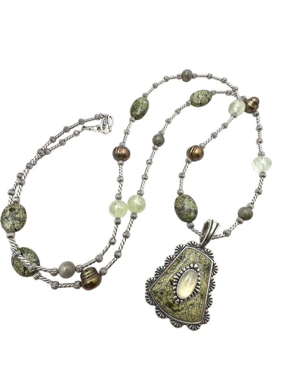 Carolyn Pollack Green Serpentine Prehnite Sterling Silver Pendant Necklace